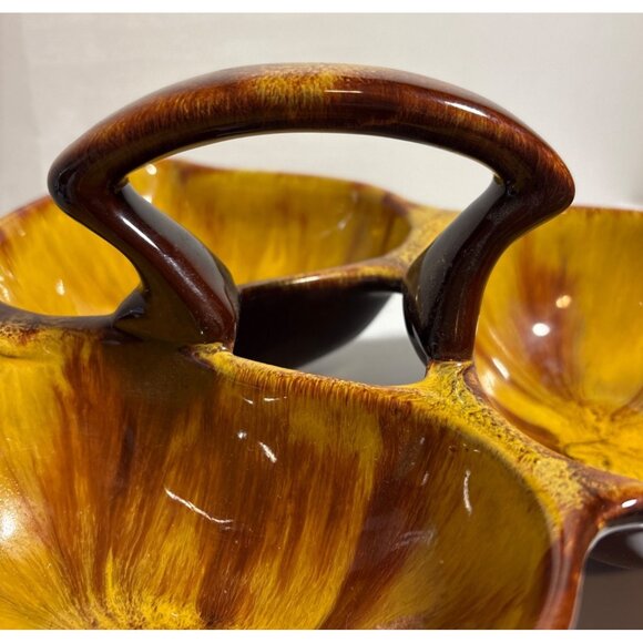 Blue Mountain Pottery Divided Dish Harvest Gold Nuts Condiments Candy Handle MCM - Picture 5 of 9